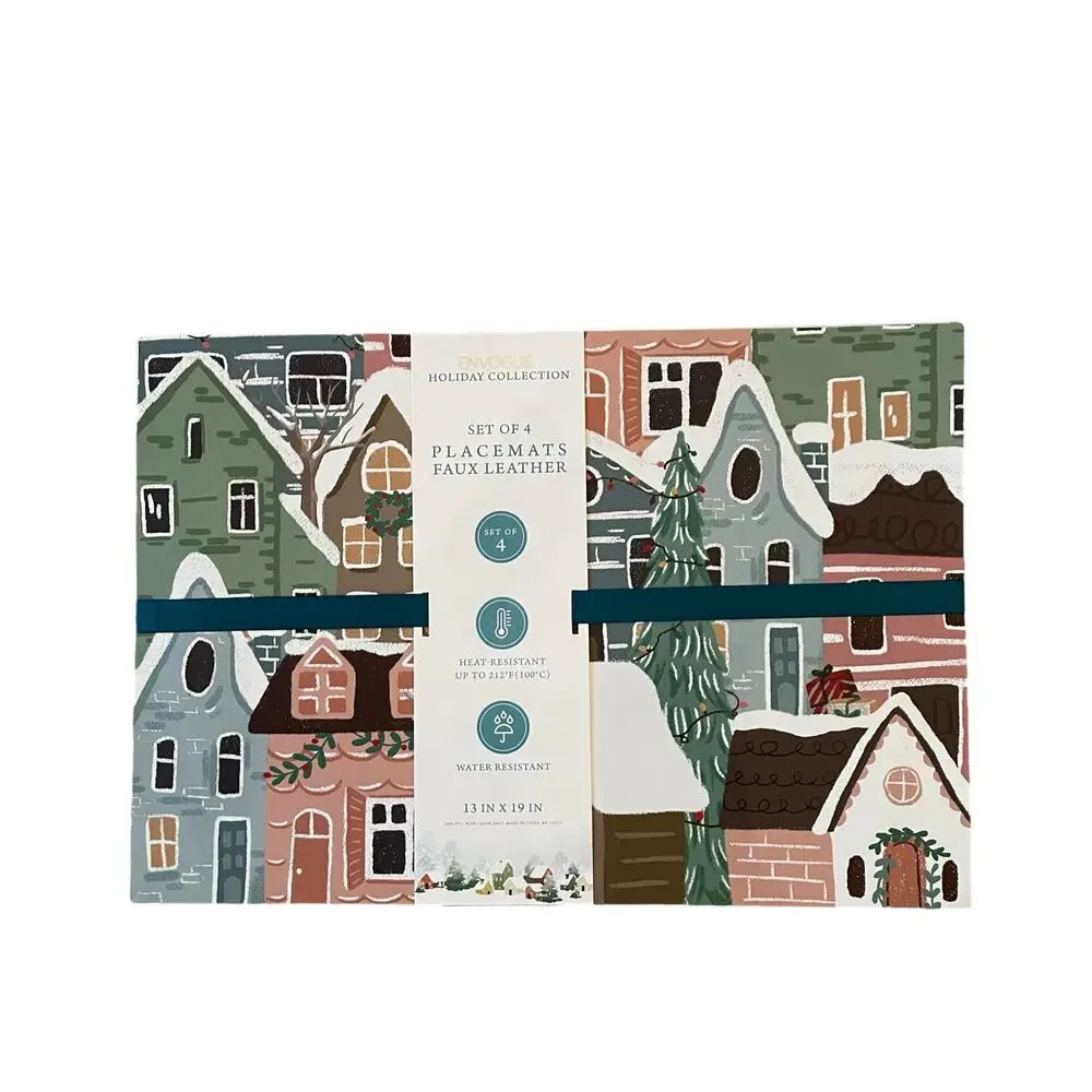 Envogue Christmas Village Faux Leather Placemats 13x19 Set of 4 New